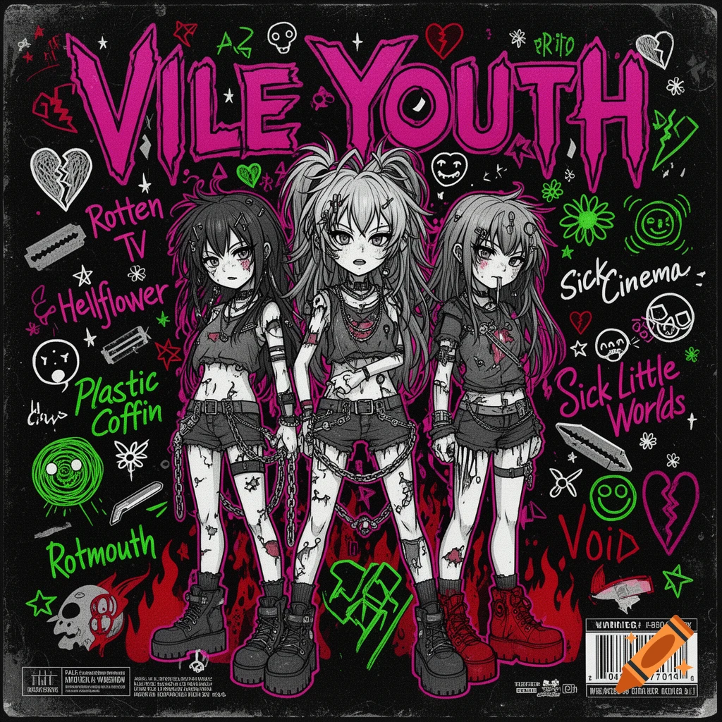 Vinyl album cover featuring three anime-style punk girls in a dark room with graffiti, chains, and the title Vile Youth.