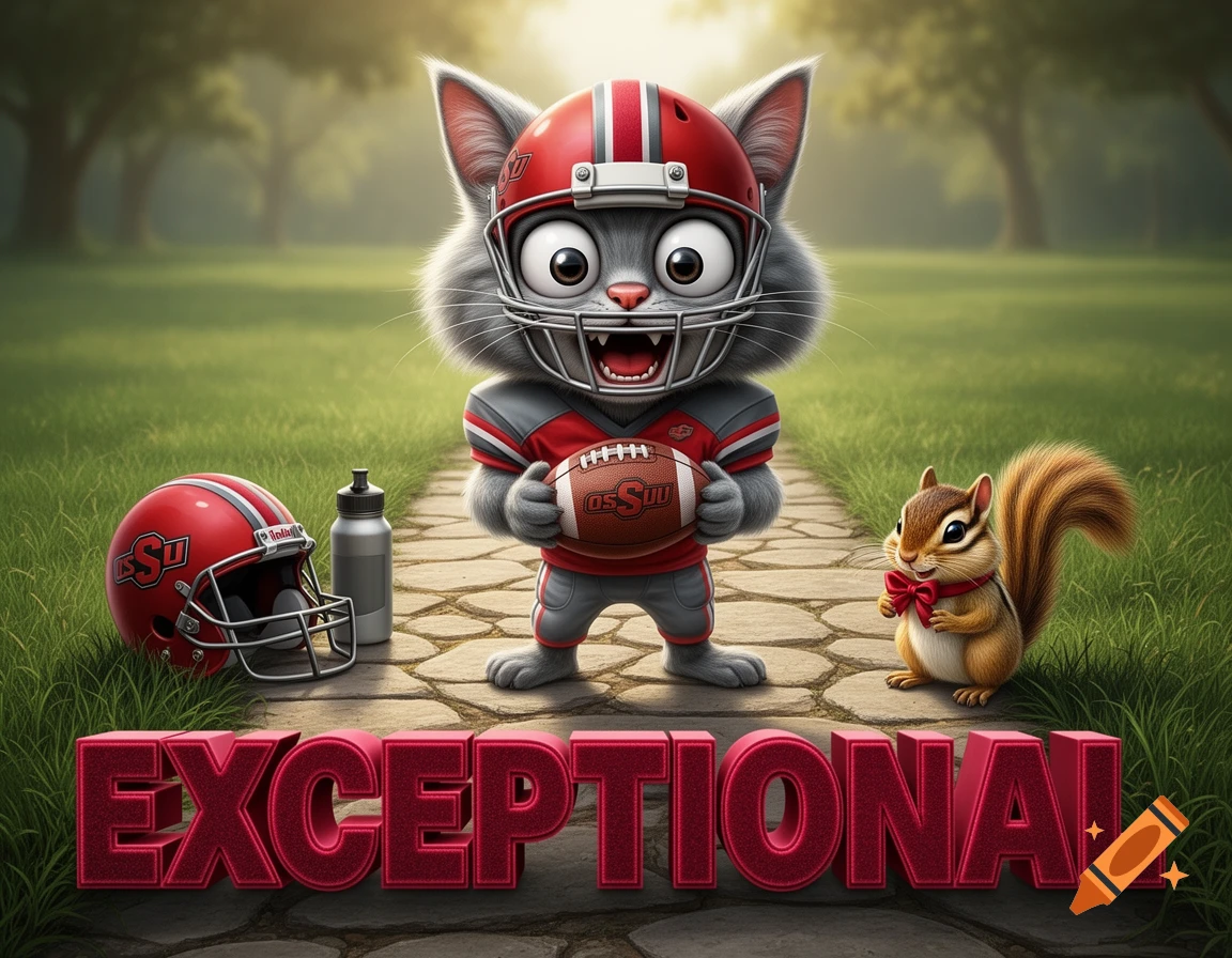 A cartoon gray cat in a football helmet stands on a stone path holding a football, with bold red text spelling EXCEPTIONAL below.