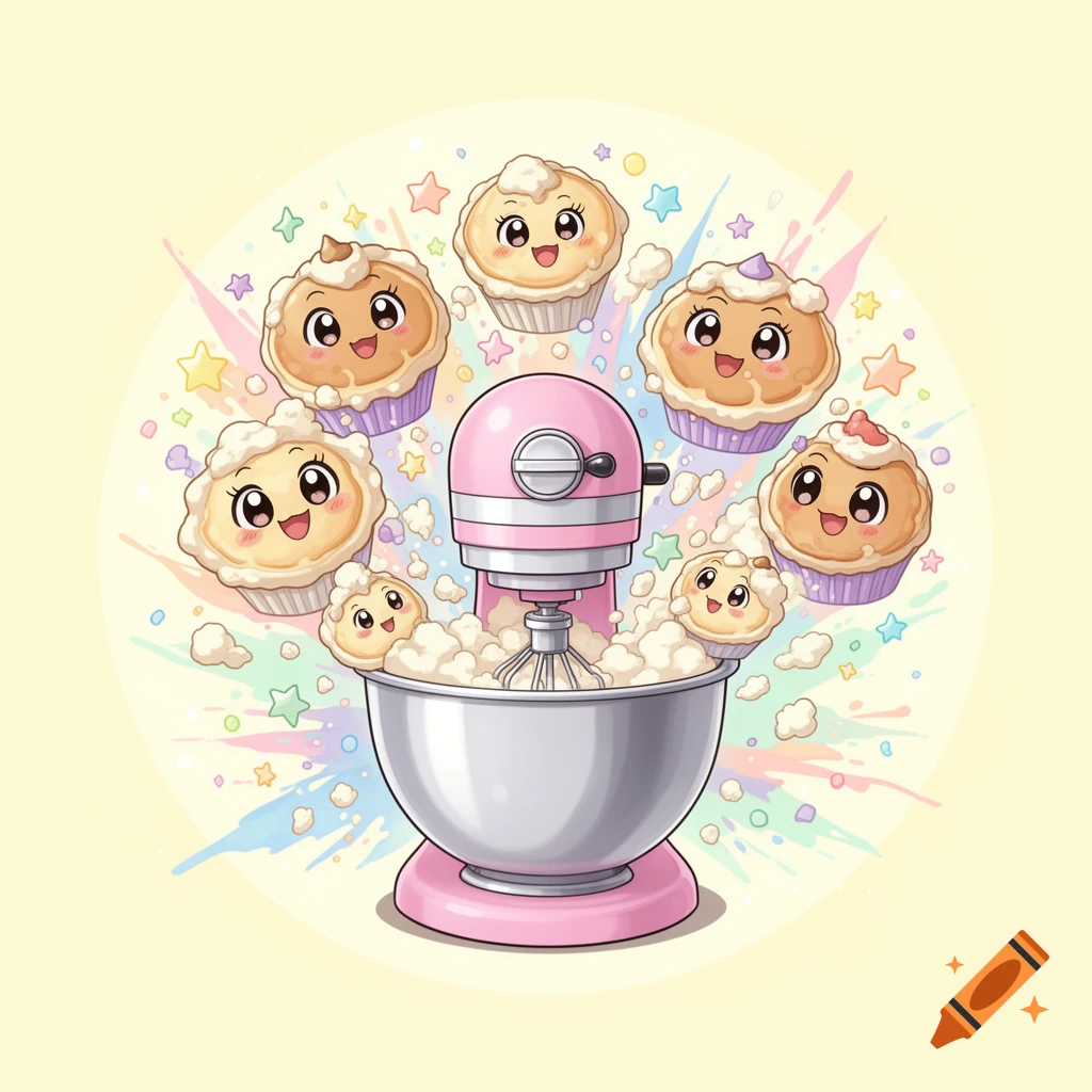 Colorful 2D anime style illustration of a pink kitchen stand mixer surrounded by cheerful, grinning muffins bursting from the bowl.