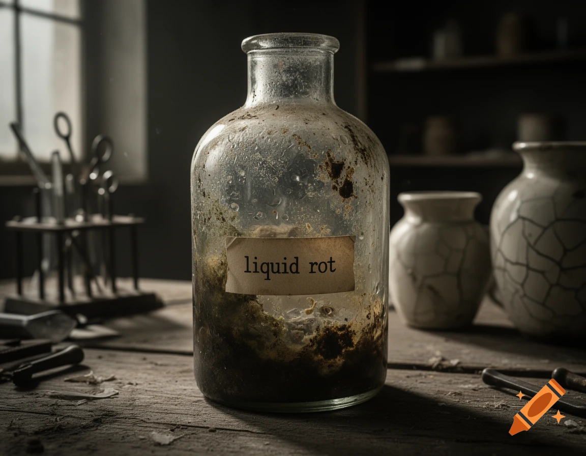 Photorealistic still life of a dirty glass bottle labeled liquid rot on a wooden table in an old workshop.