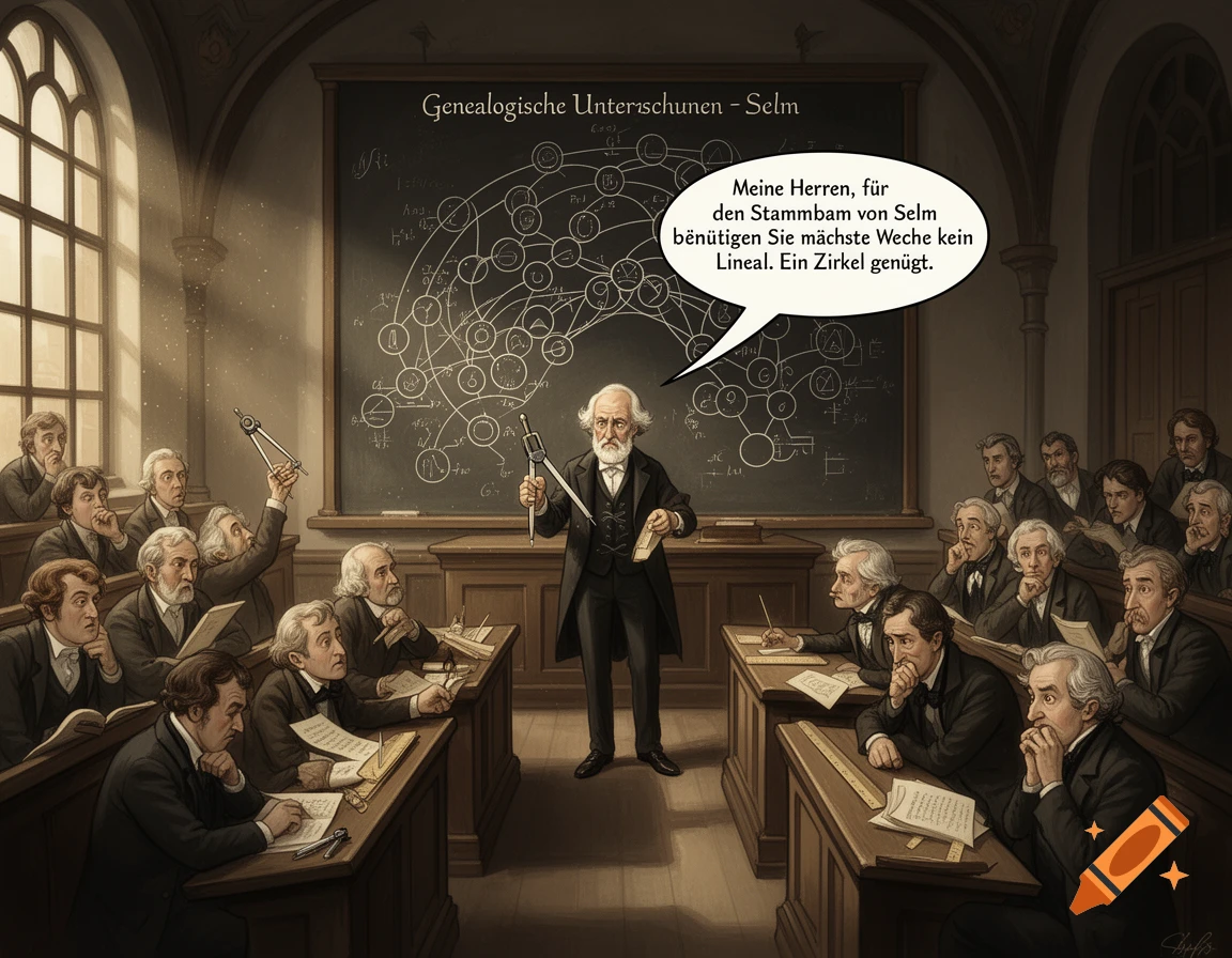 Illustration of Carl Friedrich Gauß teaching a lecture in a 19th-century university auditorium with a circular family tree on the chalkboard.