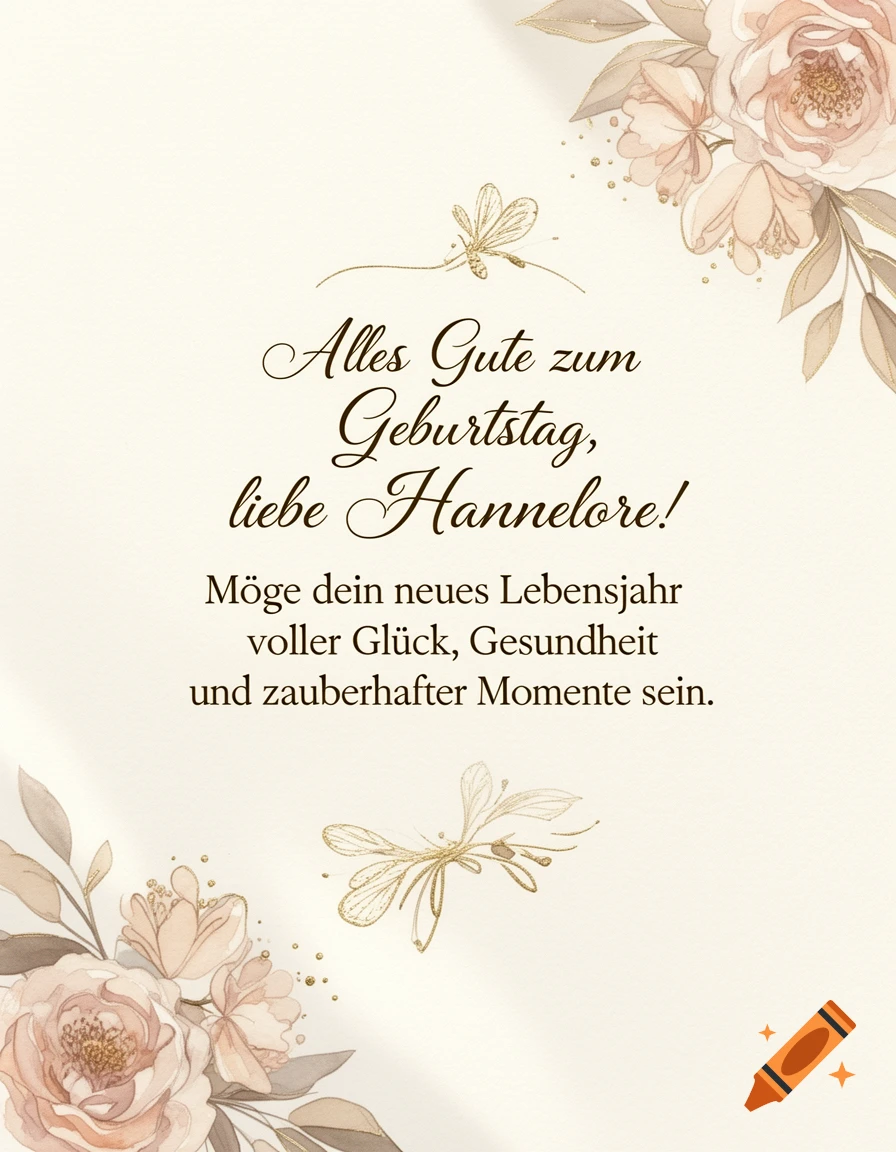 An elegant birthday card with floral illustrations and German birthday text for Hannelore.