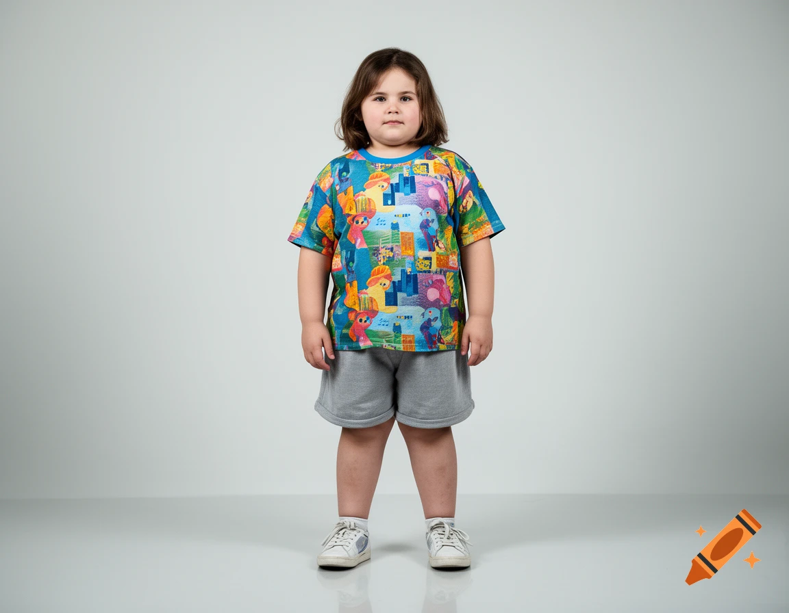 Full-body studio photograph of a young child standing against a plain grey background, wearing a colorful patterned t-shirt and grey shorts.