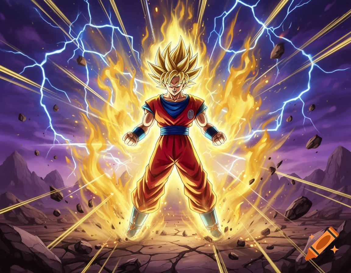 Anime style illustration of Goku in Super Saiyan form glowing with energy, surrounded by lightning and rocks on a cracked ground.