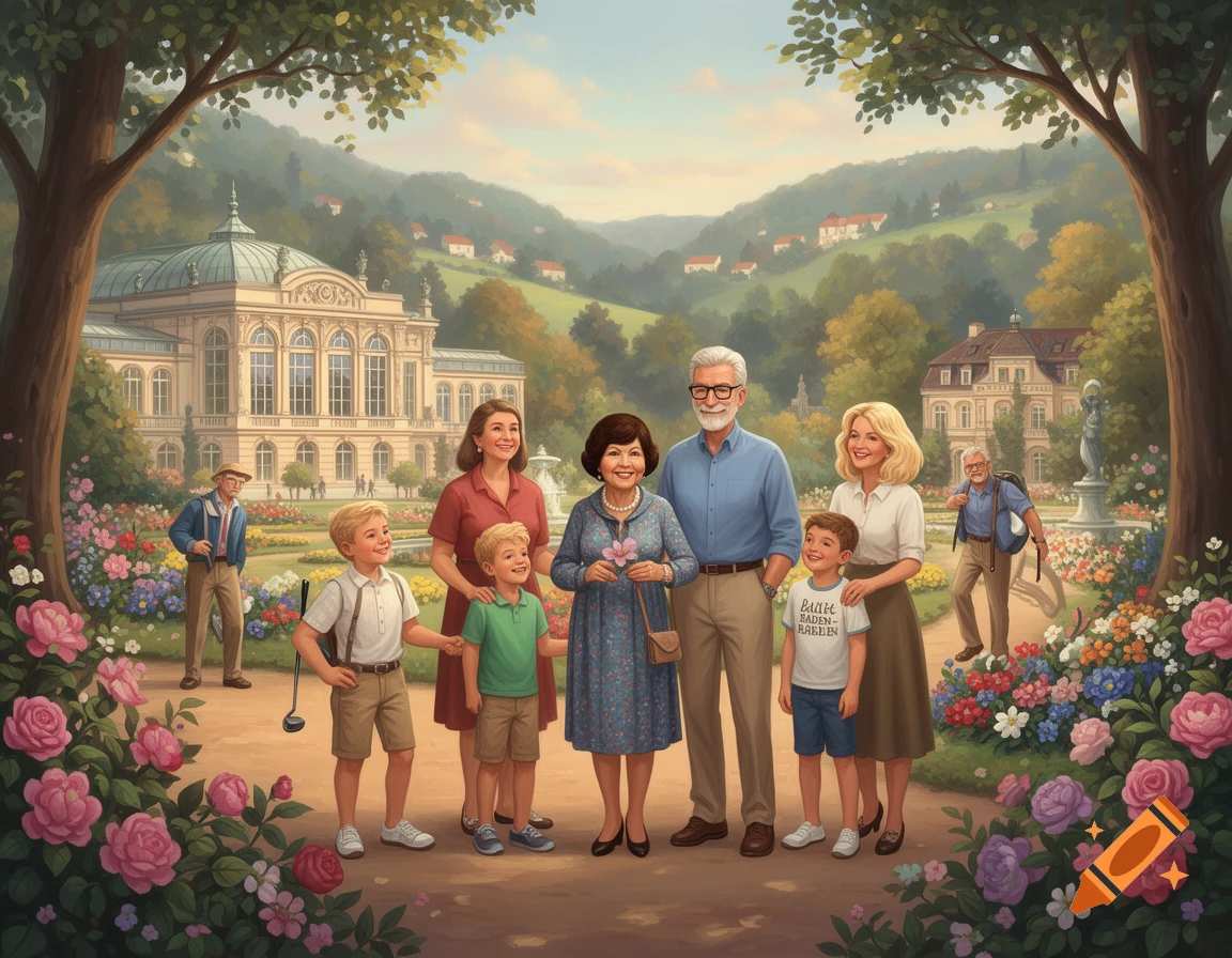 Illustrated family portrait in a scenic park with a palace in the background, surrounded by trees and flowers.