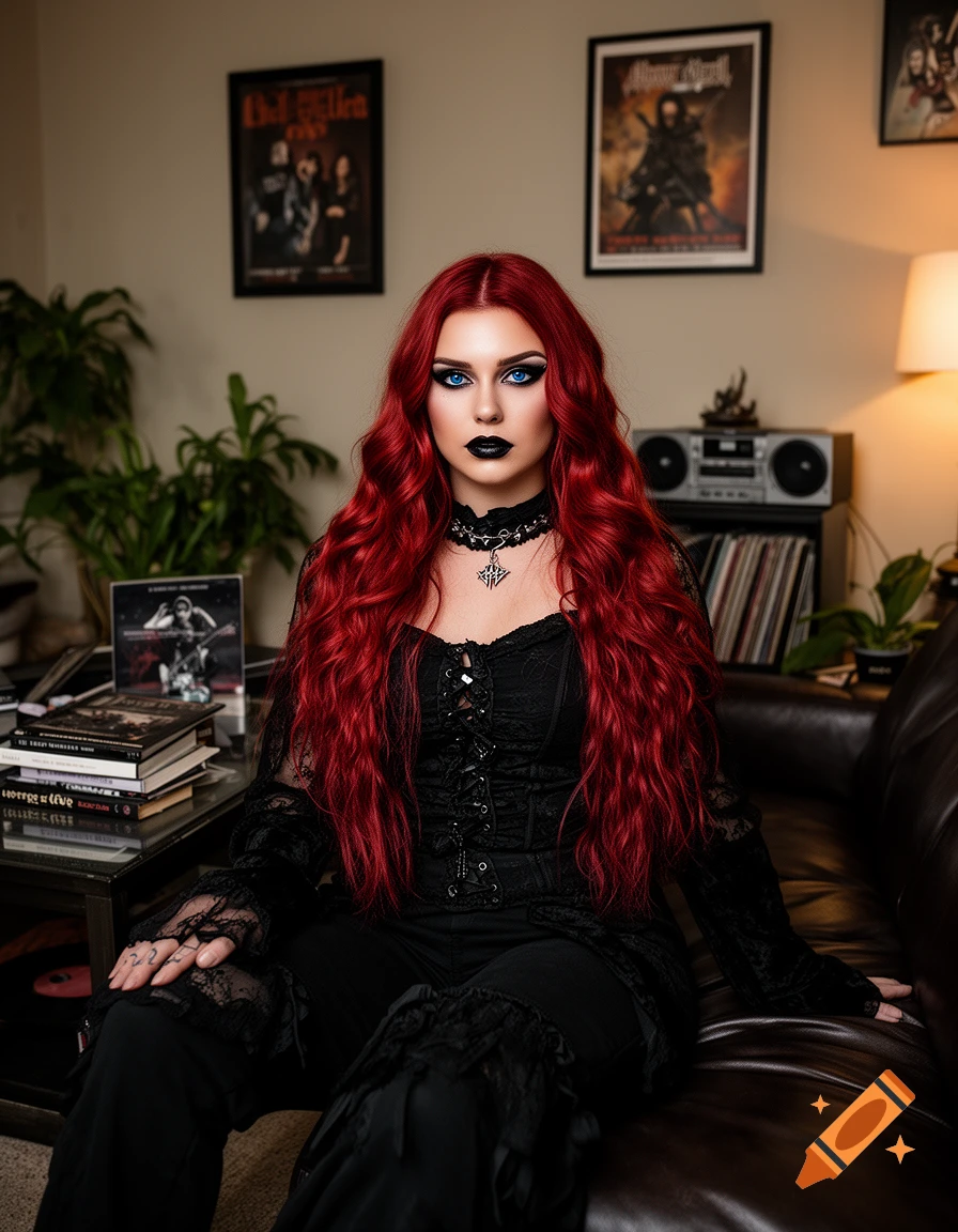 Photorealistic portrait of a young goth woman with vibrant red hair, blue eyes, and dark makeup, sitting on a leather couch.