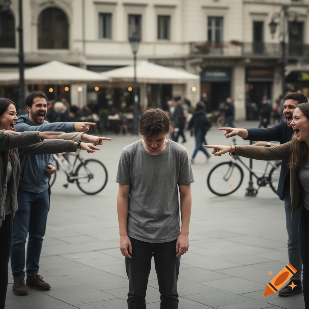 A young man standing in a public square looking down while people point and laugh at him.
