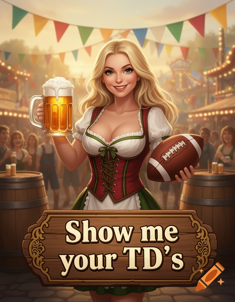 An illustrated blonde beerfest waitress holding a beer and football, standing behind a wooden sign that reads Show me your TD's.