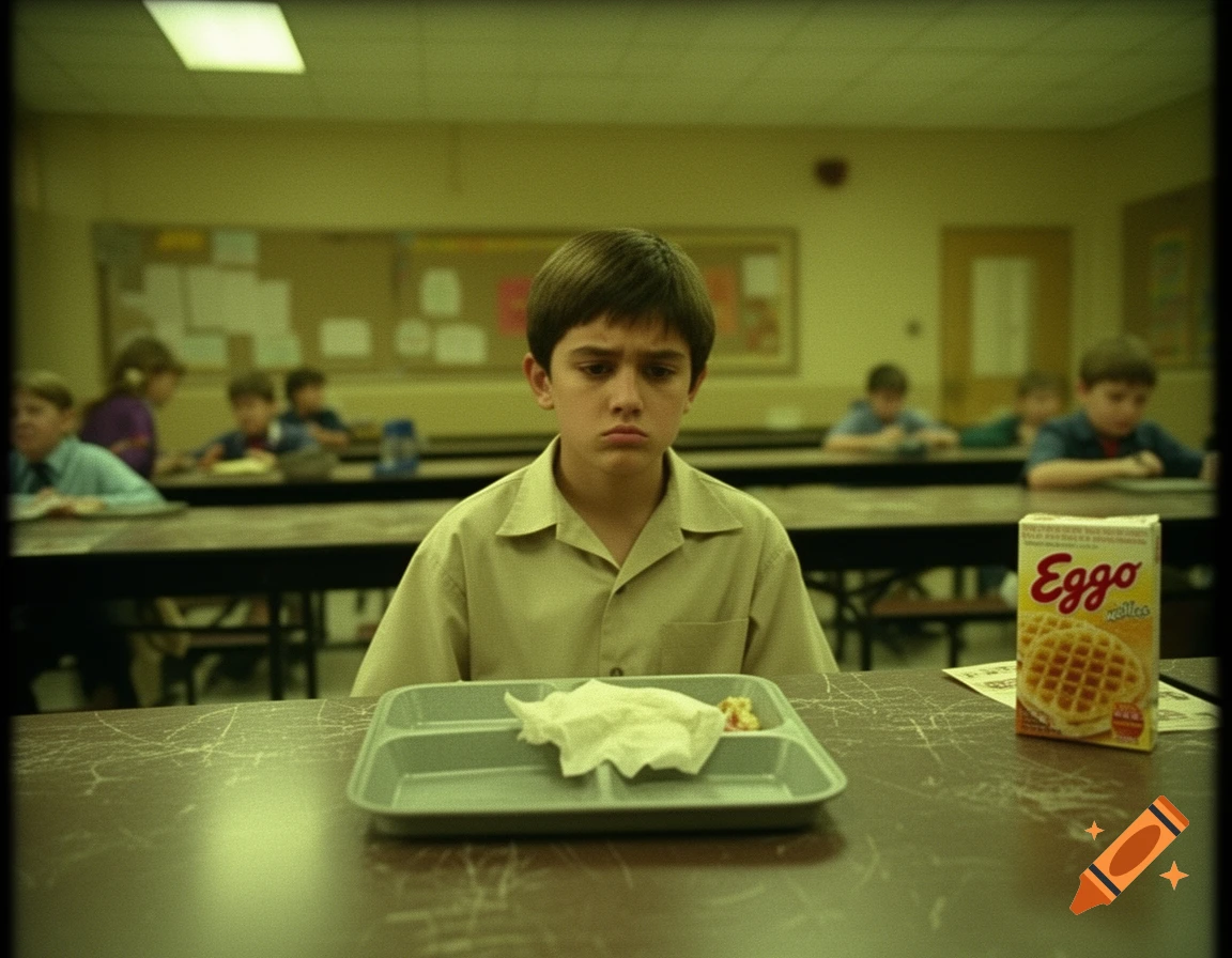 Sad boy sitting alone at a cafeteria table with an empty lunch tray and a box of Eggo waffles in a 1990s style commercial.
