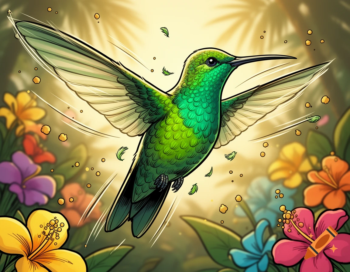 Comic style illustration of a vibrant green hummingbird flying amidst colorful tropical flowers.