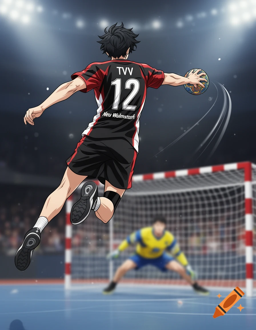 Anime style illustration of a male handball player jumping and shooting towards a goal.