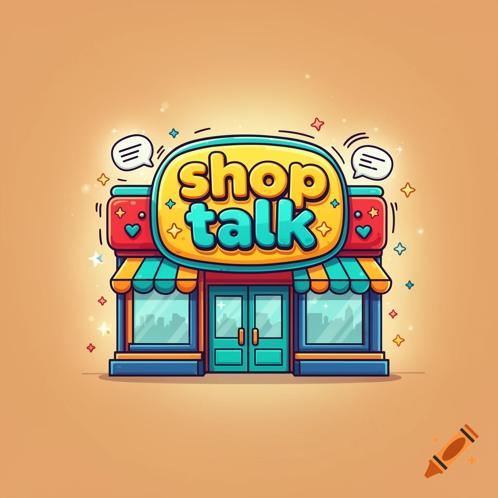 Colorful cartoon storefront sign with the text 'shop talk' in bold 3D letters, vector illustration style.