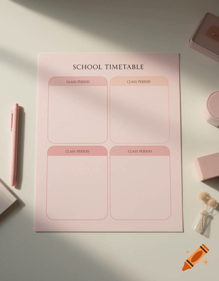 An aesthetic pink school timetable template with four class periods, surrounded by a pen, eraser, and dried flowers on a desk.