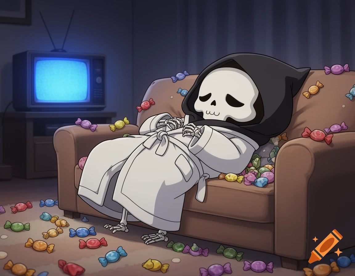Animated cartoon of a cute Grim Reaper in a white housecoat sleeping on a brown couch surrounded by scattered candies.