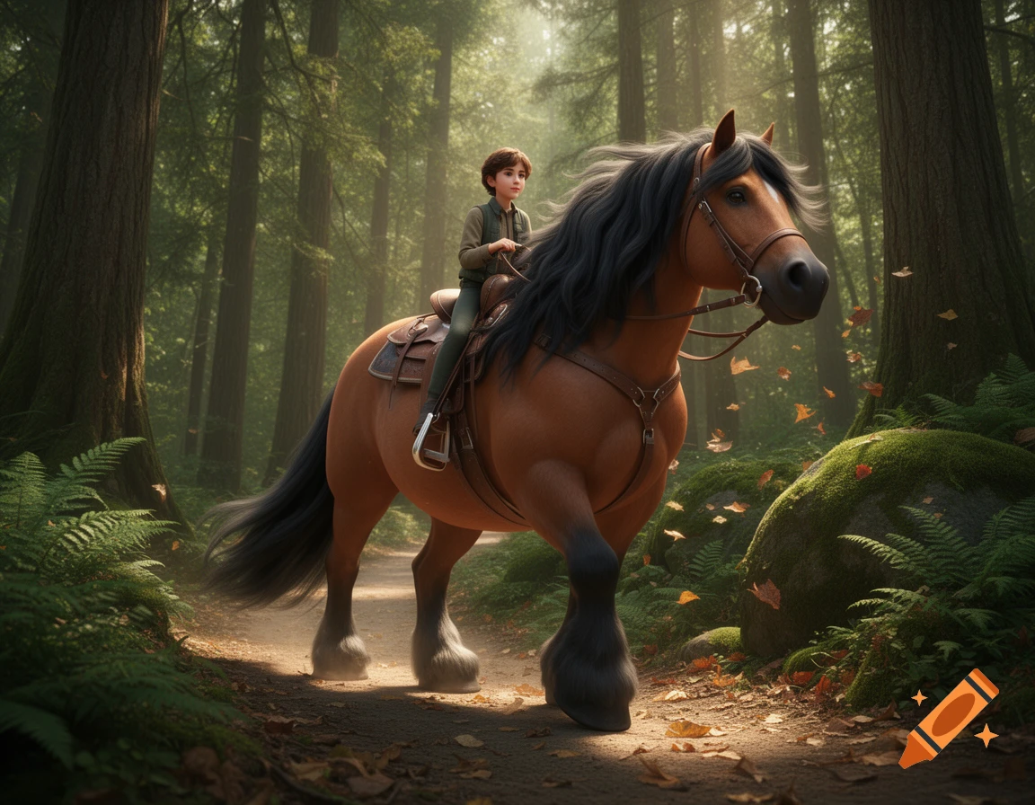 3D animated style image of a teenager riding a massive brown Shire horse through a sunlit forest trail.