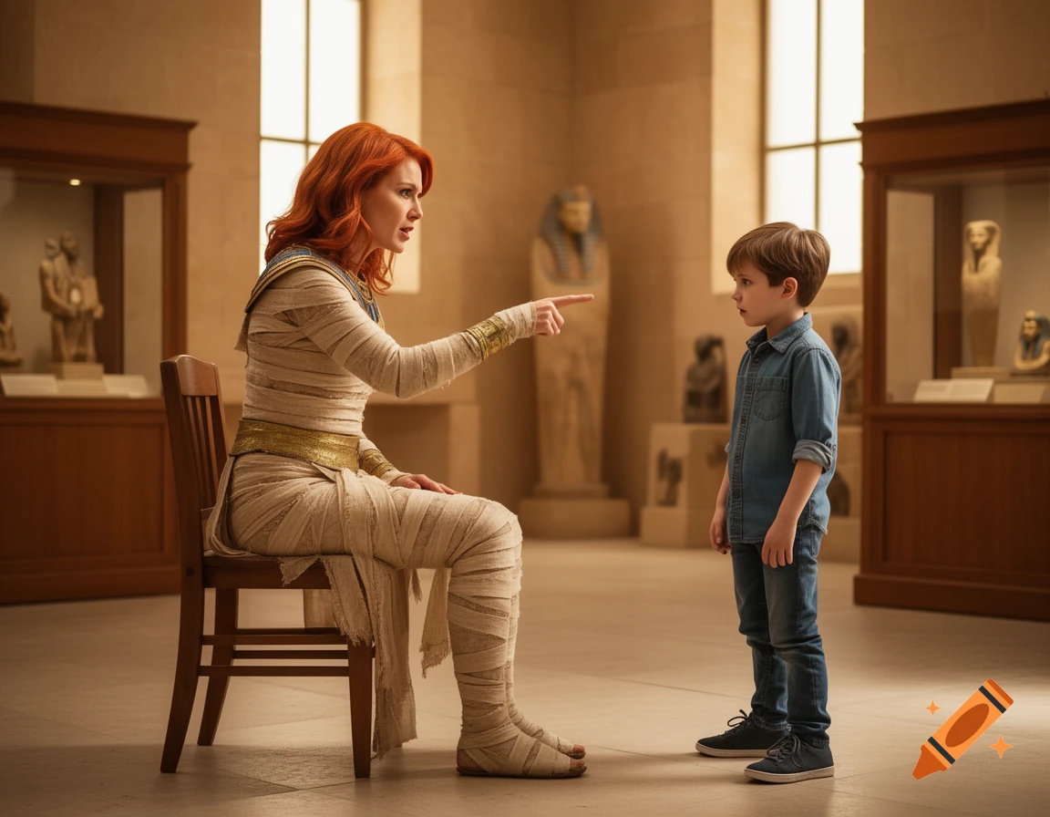 Photorealistic scene of a woman dressed as an Egyptian mummy sitting on a chair and pointing her finger at a young boy in a museum.