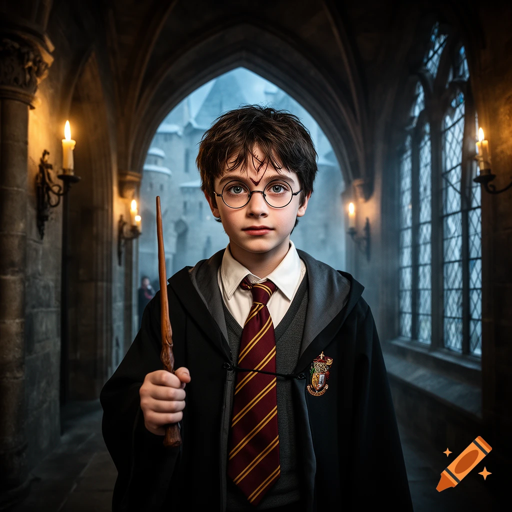 Photorealistic portrait of Harry Potter holding a wand in a gothic castle corridor.