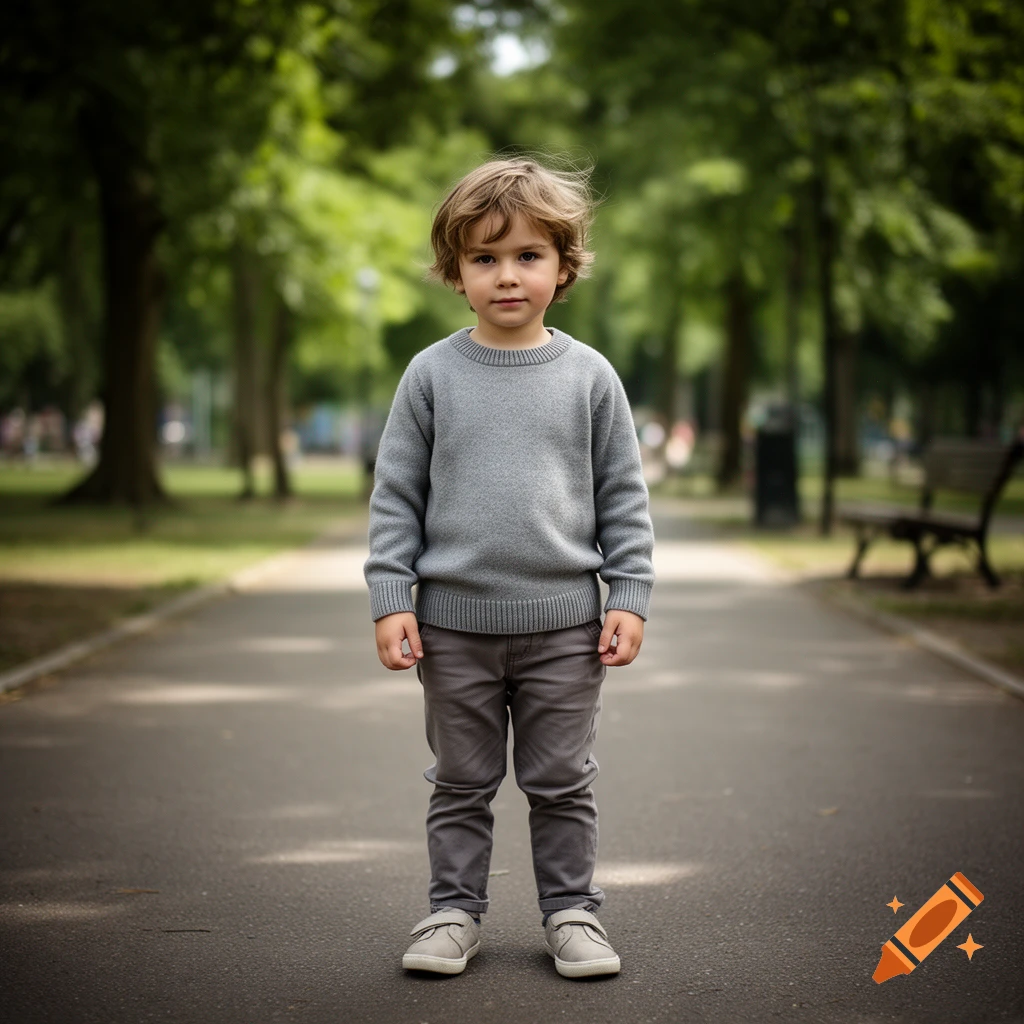 Photorealistic full-body portrait of a young child standing on a paved path in a park.