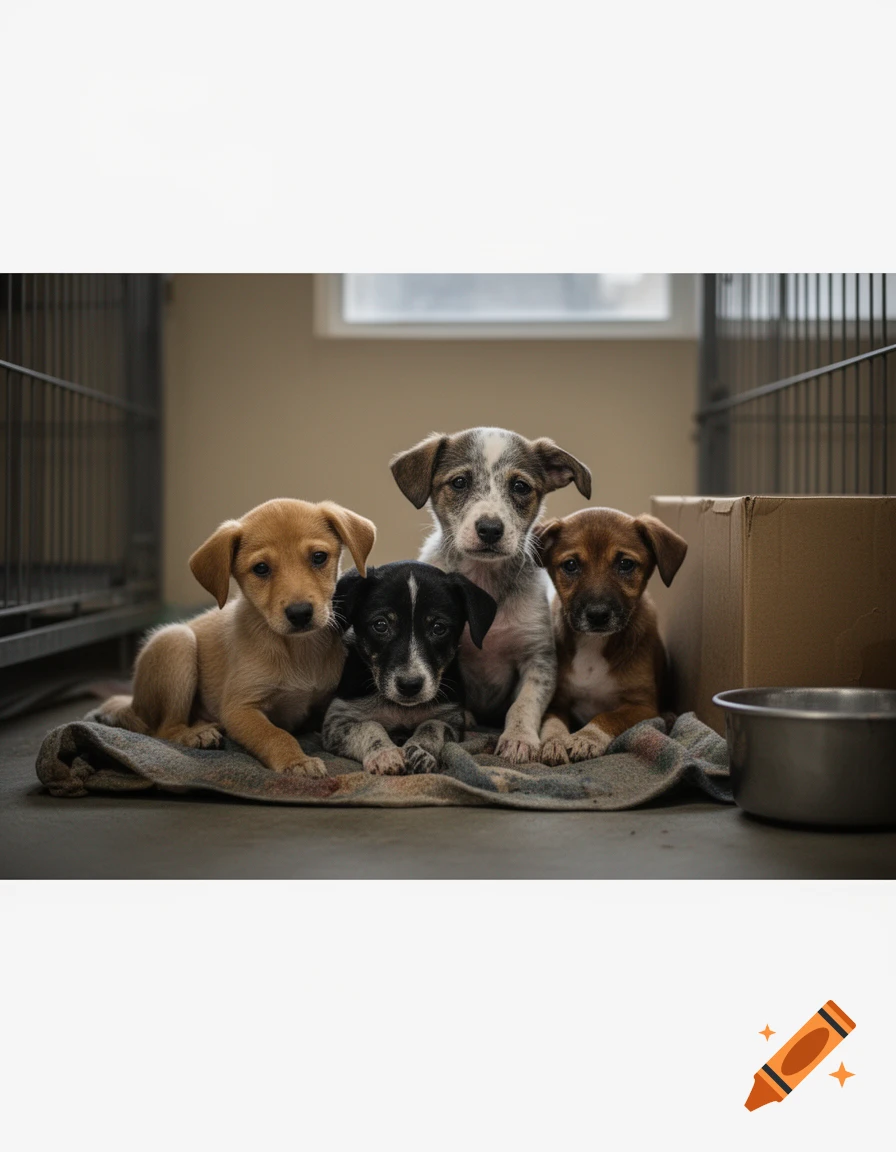 Four young puppies sitting closely together on a blanket inside a shelter environment with a metal bowl and a cardboard box.