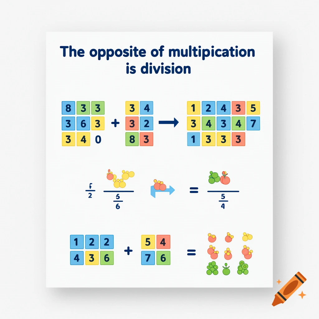 Educational infographic explaining the opposite of multiplication with division using numbers and icons.
