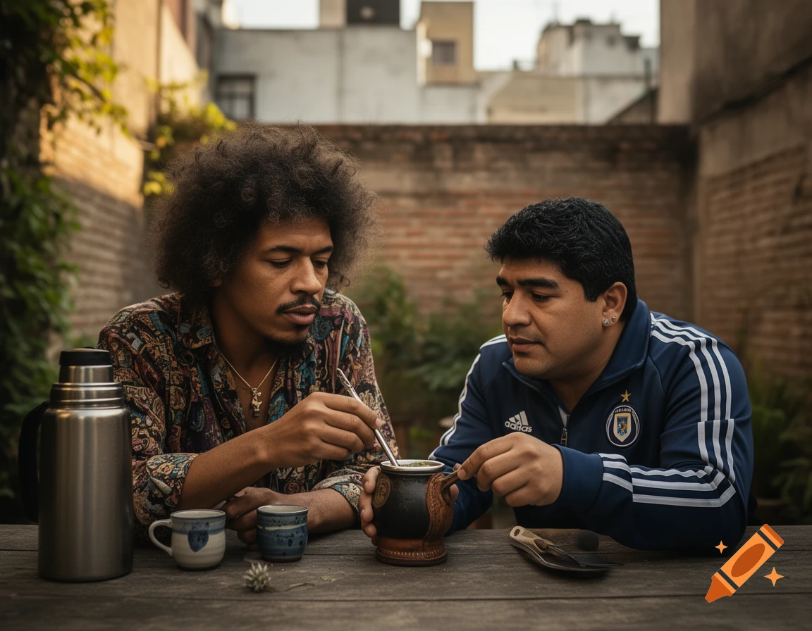 Jimi Hendrix and Diego Maradona sitting together at a wooden table outdoors, drinking mate, photorealistic style.