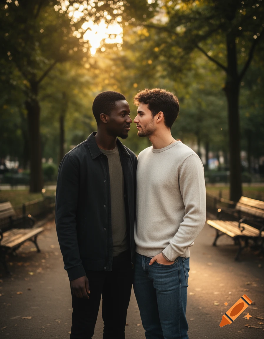 Photorealistic image of two men standing close together in a park at sunset, looking into each other's eyes.