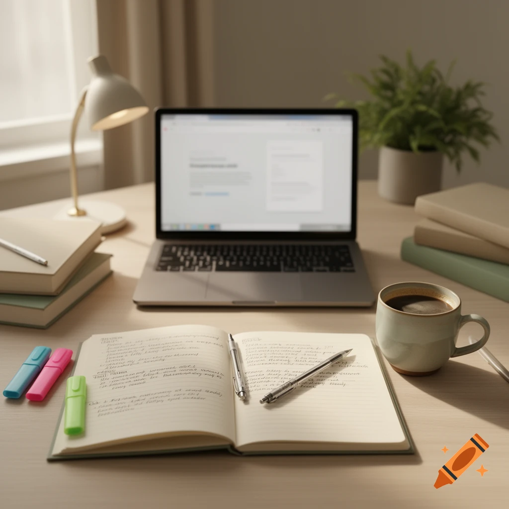 Cozy desk setup with a laptop, open notebook with handwritten text, desk lamp, and a coffee mug in warm lighting.