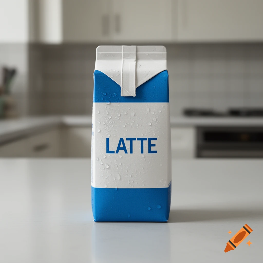 Photorealistic image of a blue and white milk carton labeled LATTE sitting on a white kitchen counter.