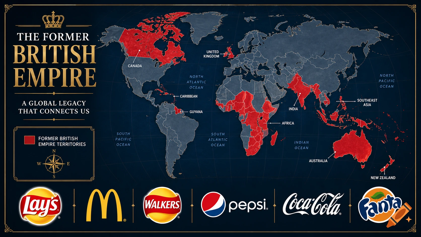 A dark blue world map highlighting the former British Empire in red, featuring various corporate brand logos at the bottom.