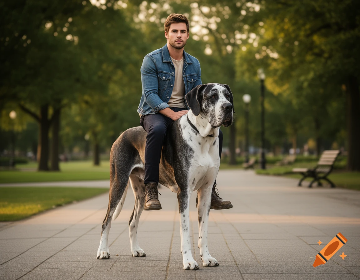 A man riding a giant Great Dane in a park, photorealistic.