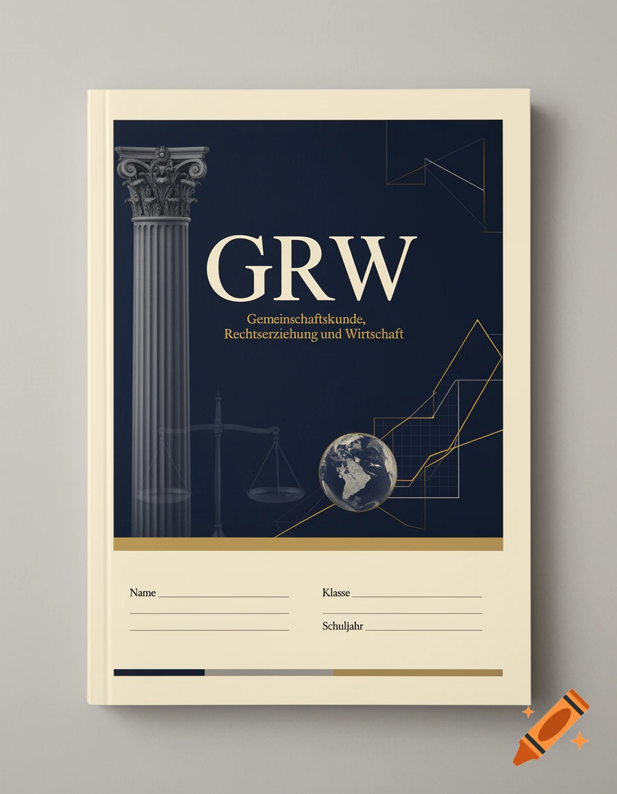 A dark blue notebook cover for GRW with a classical column, scales of justice, globe, and geometry lines.