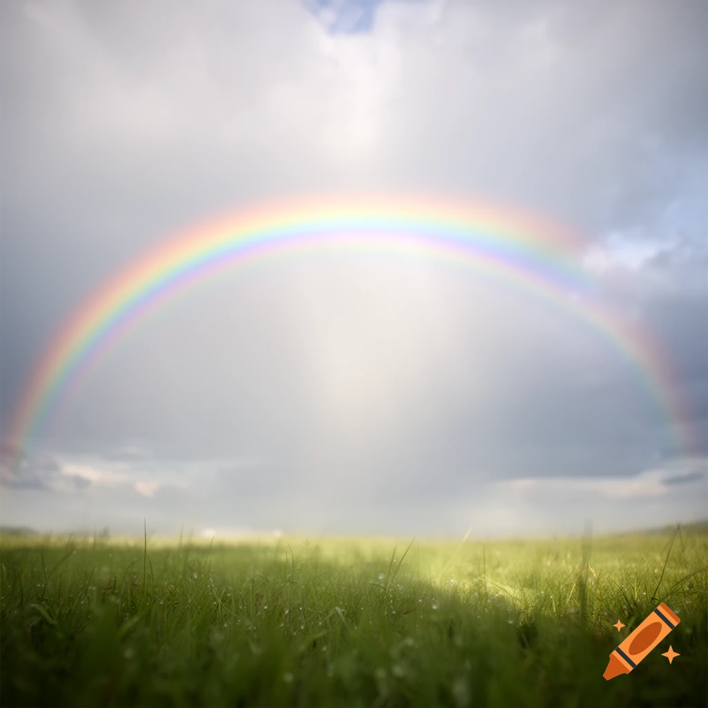Photorealistic landscape of a lush green grassy field with dew drops under a bright rainbow arching across a cloudy sky.