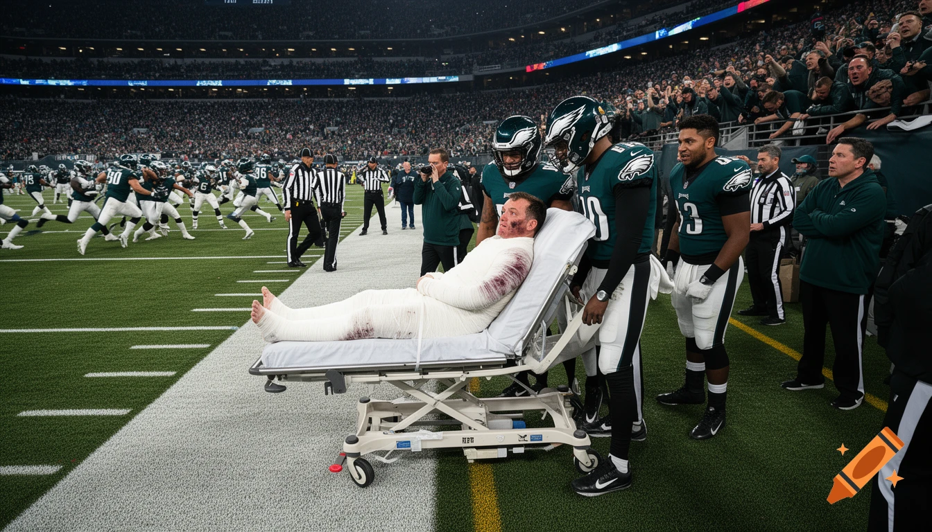 Photorealistic wide-angle action photo of an injured man in a hospital bed on a football sideline, surrounded by players.