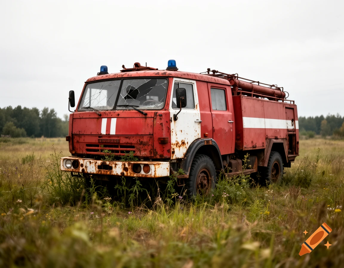 An abandoned red and white Soviet fire truck with broken windshield parked in an overgrown grassy field, photorealistic.