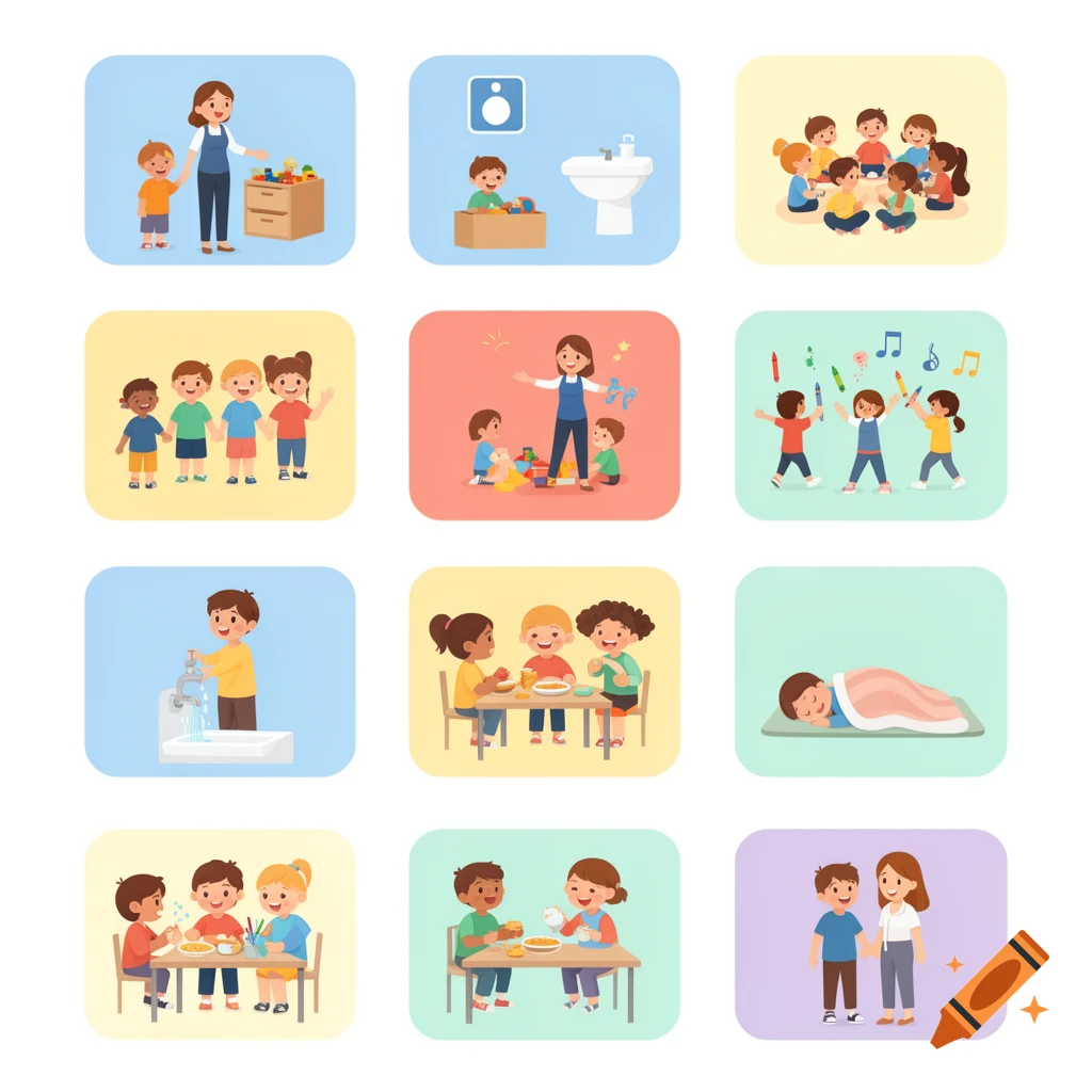 Grid of twelve colorful vector illustrations depicting daily kindergarten activities with children and teachers.