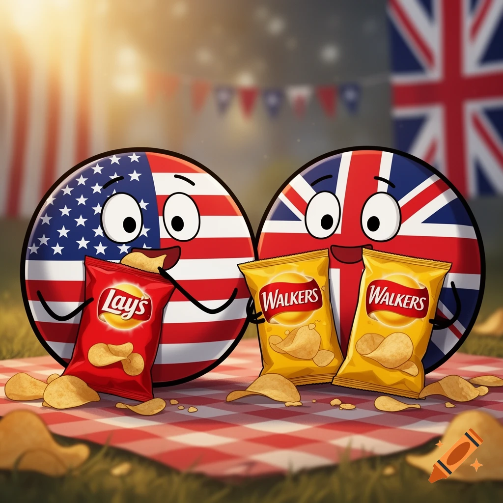 Countryballs representing America and the UK eating bags of chips and crisps on a checkered picnic blanket.
