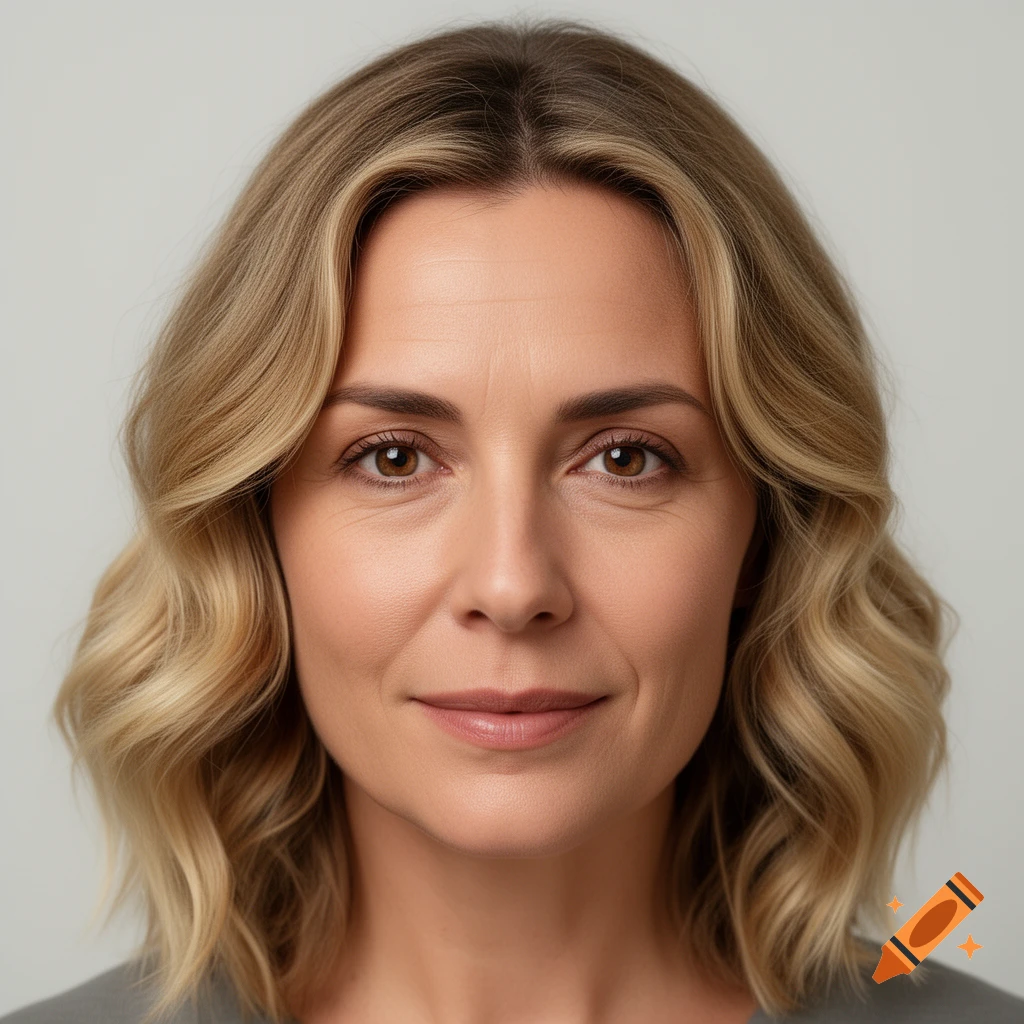 Photorealistic portrait of a middle-aged woman with shoulder-length wavy blonde hair and brown eyes.