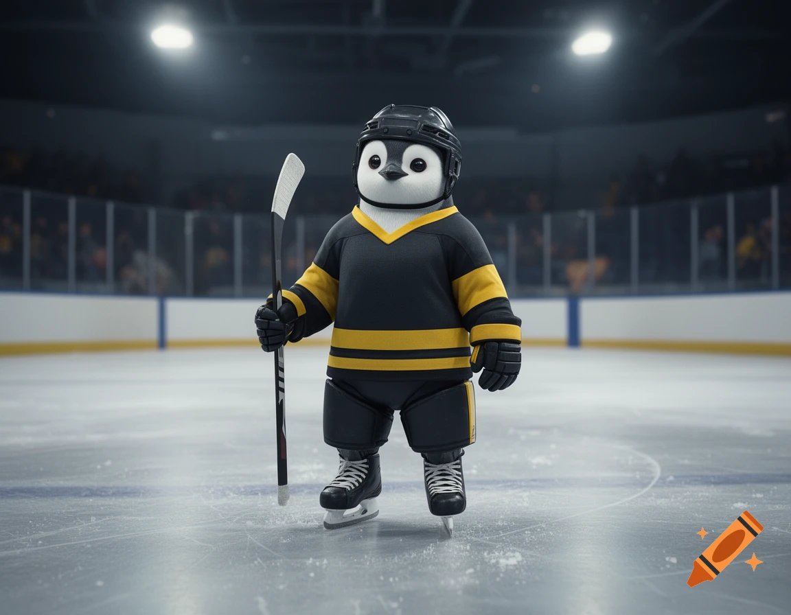 A cute penguin wearing a black and yellow ice hockey uniform, helmet, and skates on an ice rink, holding a hockey stick.