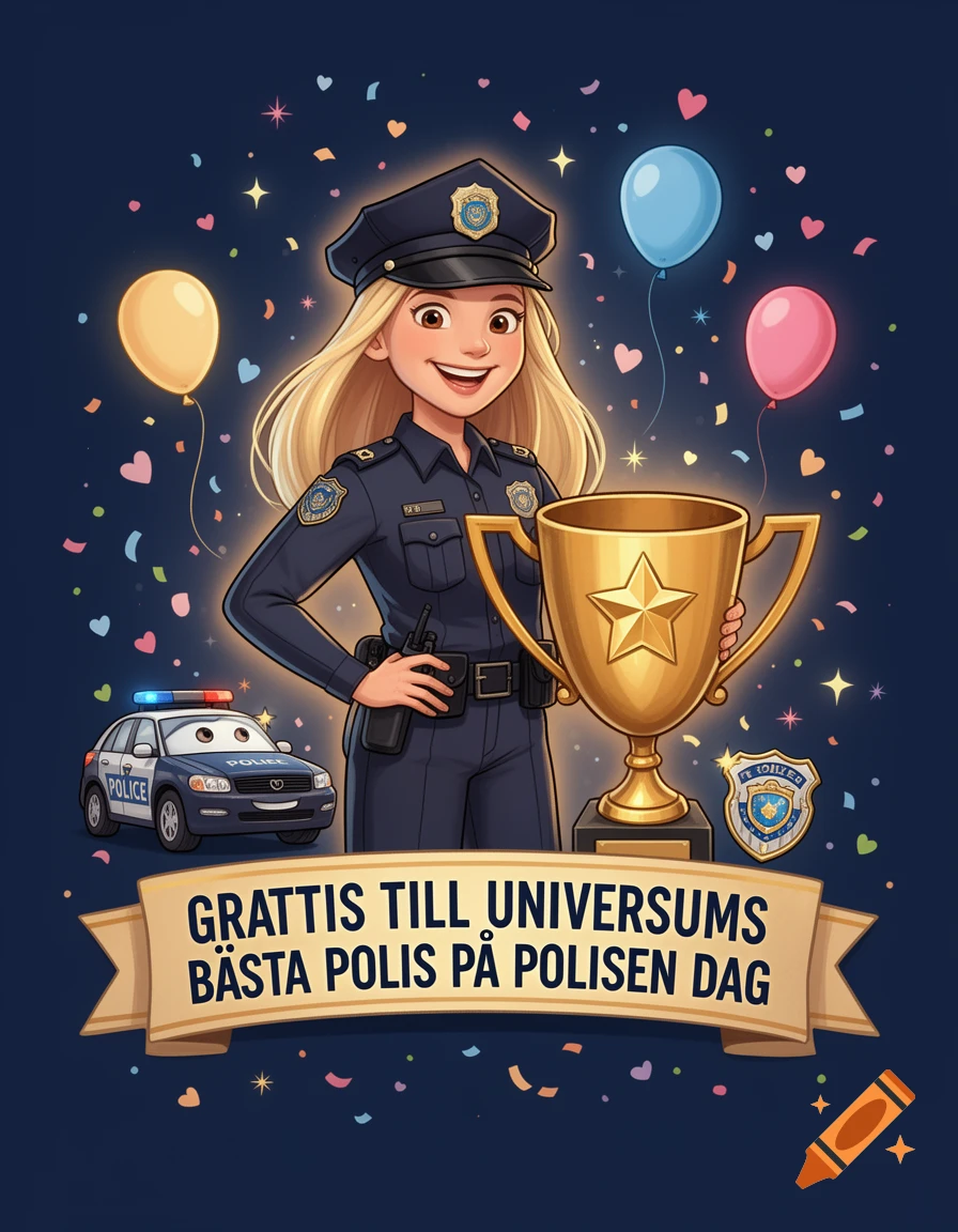 An illustrated female police officer with blonde hair proudly holding a large golden trophy, surrounded by balloons and confetti.