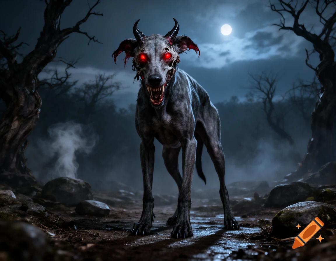 Photorealistic image of a grey hound-like demon with horns and glowing red eyes standing in a misty, dark forest at night.