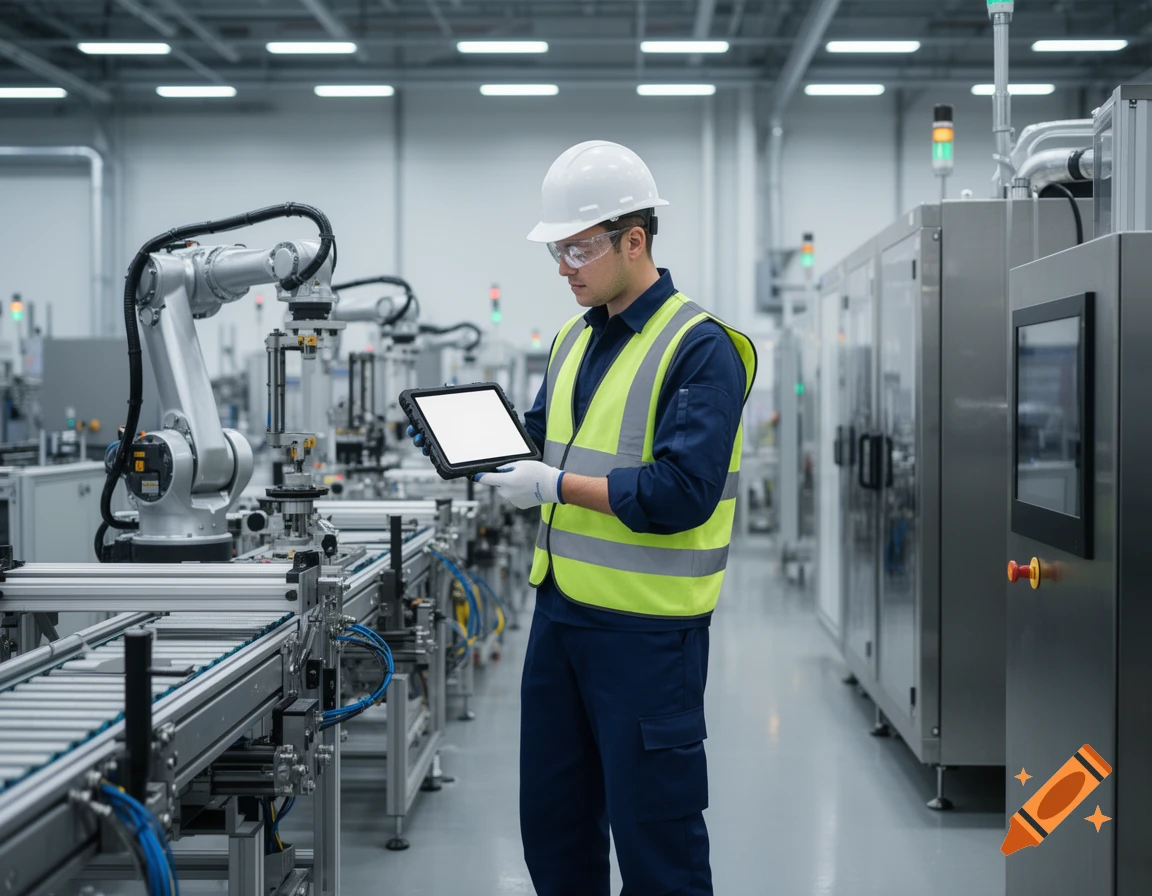 Photorealistic image of a maintenance technician wearing a hard hat and safety vest, holding a tablet in a modern automated factory.