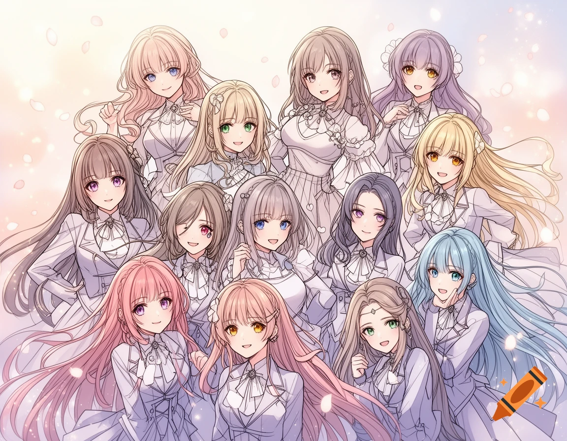 An anime-style illustration of a group of smiling young women with diverse hairstyles, wearing white dresses, against a light pastel background.