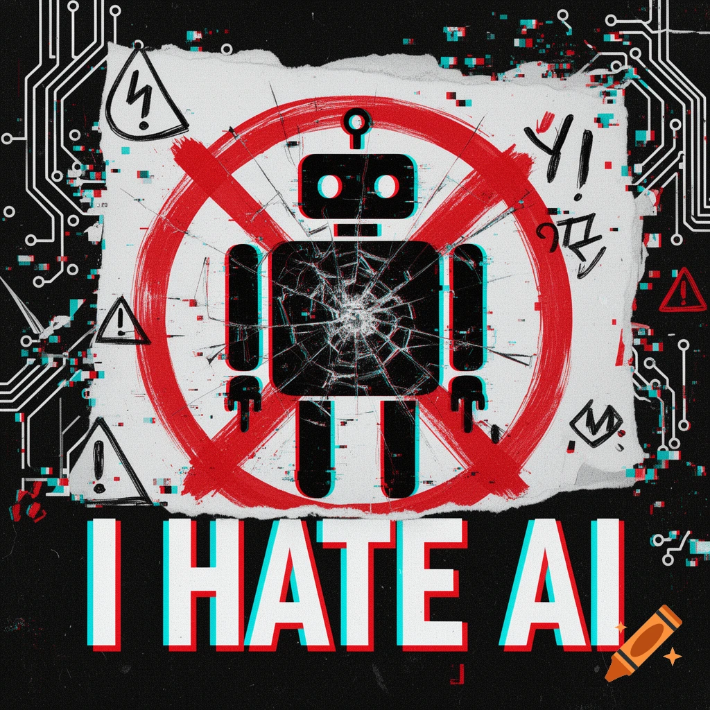 A graphic featuring a robot inside a red prohibition circle with a cracked glass effect and the text 'I HATE AI'.