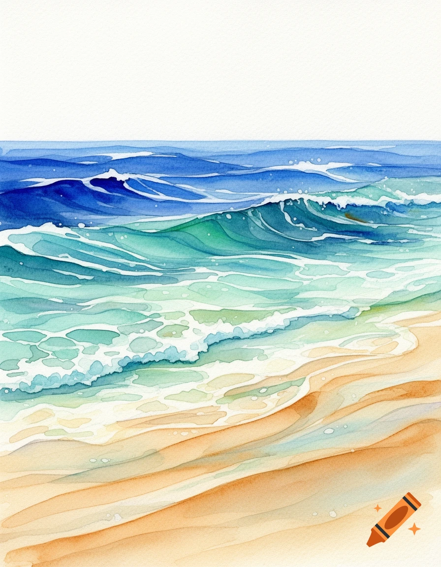Watercolor painting of blue and turquoise sea waves washing onto a sandy beach