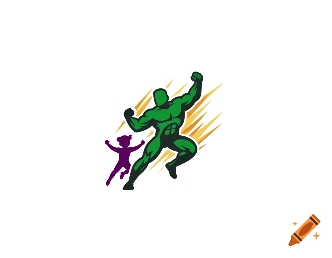 Vector logo of a purple child transforming into a green superhero with speed lines.