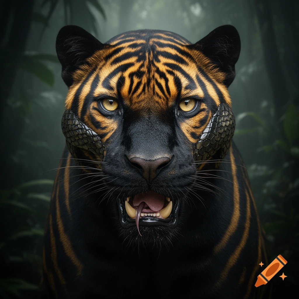 Photorealistic close-up of a hybrid creature with panther, tiger, and snake features, featuring black fur, orange stripes, and scales on its cheeks, growling in a dense jungle.