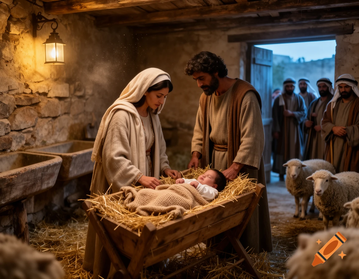 Photorealistic depiction of the nativity scene inside a stable with Mary, Joseph, baby Jesus in a manger, and shepherds with sheep.