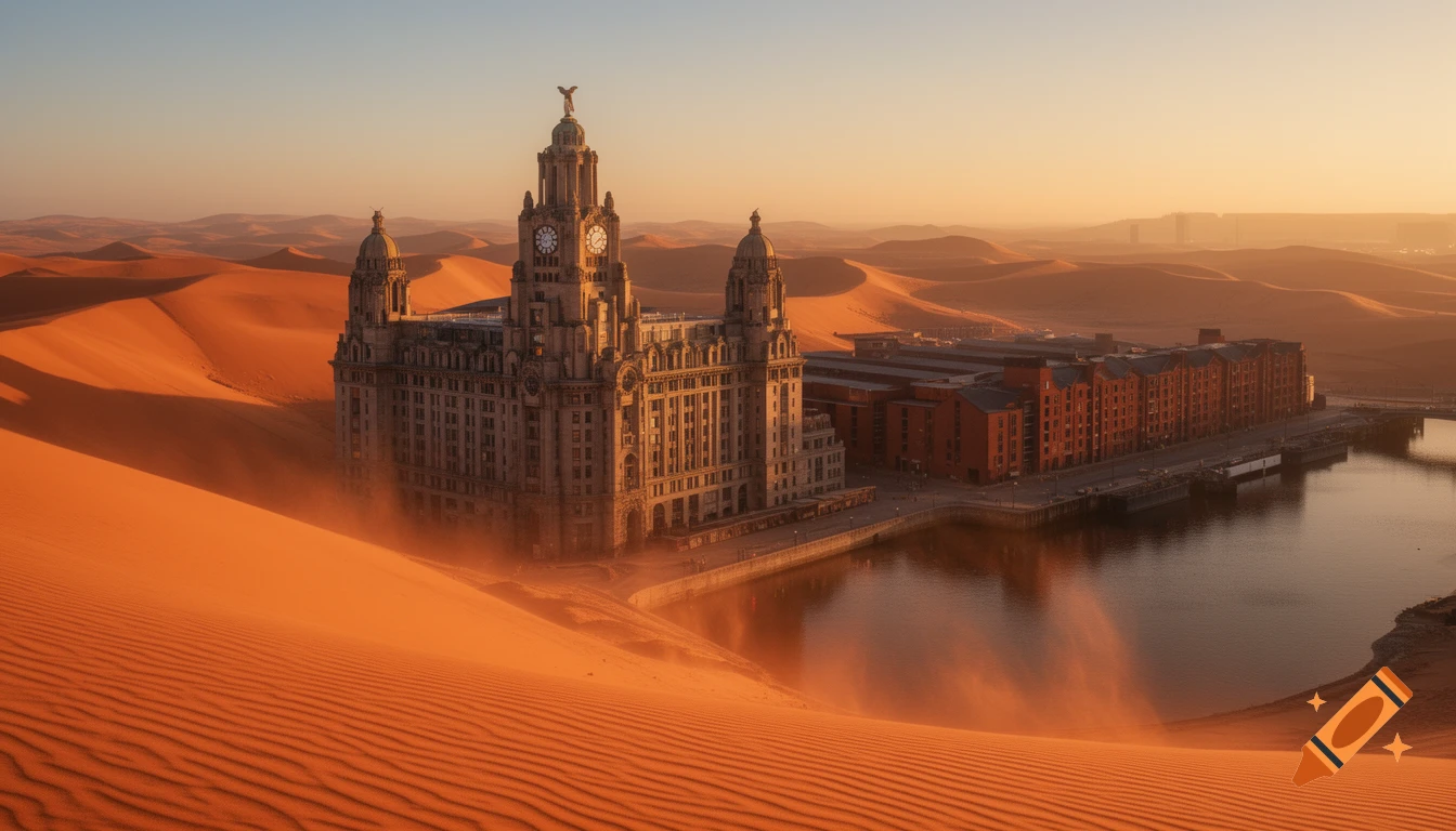 Surreal photorealistic wide shot of the Liverpool Royal Liver Building and Albert Dock half-buried in an orange desert at sunset.