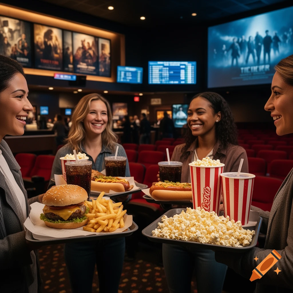 Four smiling women holding trays of burgers, hot dogs, and popcorn in a movie theater.