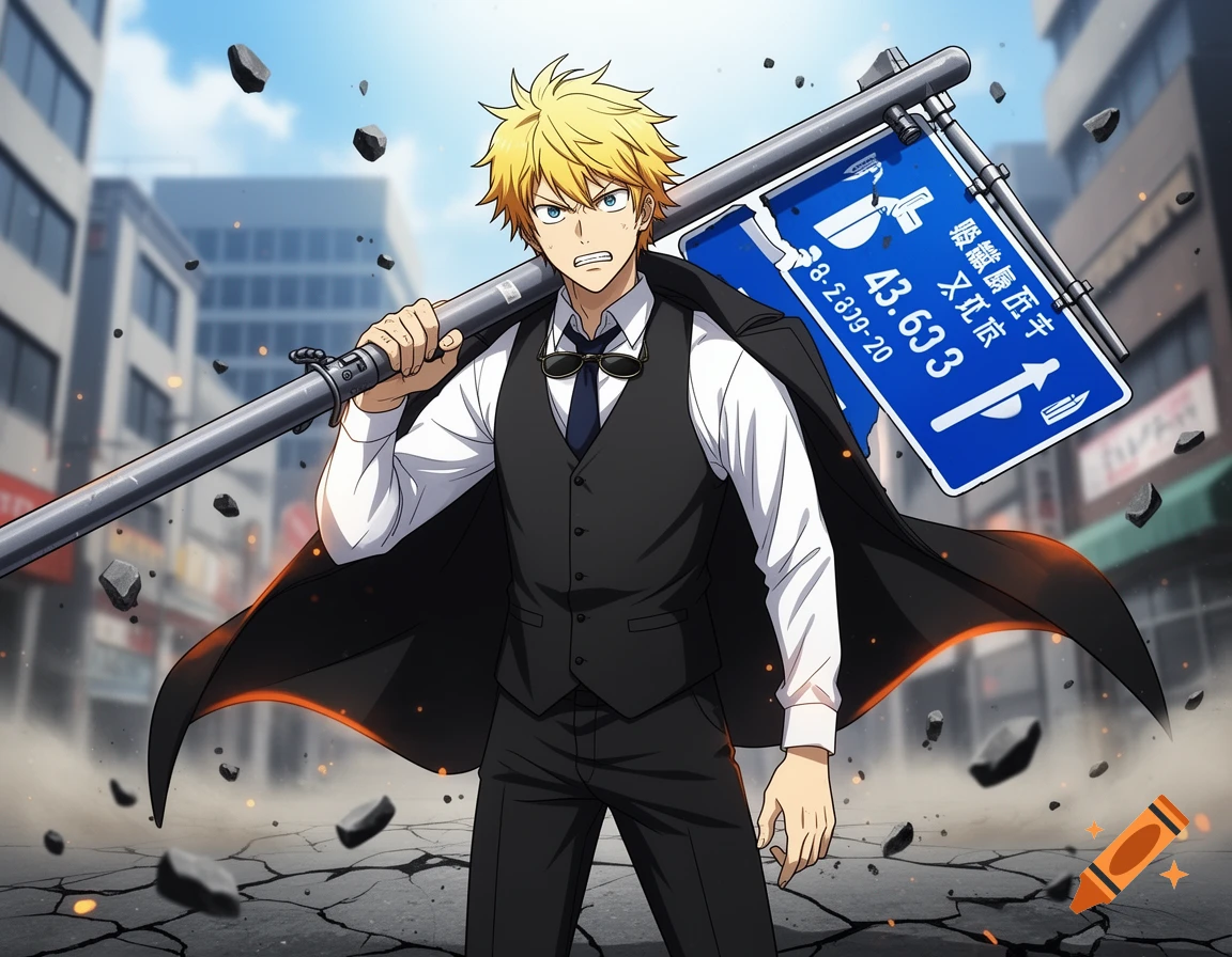 Anime style illustration of a blonde man in a suit holding a street sign over his shoulder in a damaged city street.